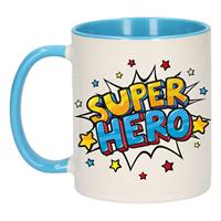 Super Hero Cadeau Koffiemok / Theebeker Wit En Blauw Met Sterren - 300 Ml - Keramiek - Cadeau Mok / Bedank Mok