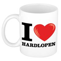 I Love Hardlopen Wit Met Rood Hartje Koffiemok / Beker 300 Ml - Keramiek - Cadeau Voor Sport / Hardloop Liefhebber