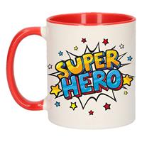 Super Hero Cadeau Koffiemok / Theebeker Wit En Rood Met Sterren - 300 Ml - Keramiek - Cadeau Mok / Bedank Mok