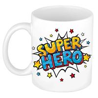 Super Hero Cadeau Koffiemok / Theebeker Wit Met Sterren - 300 Ml - Keramiek - Cadeau Mok / Bedank Mok