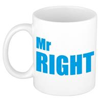 Mr Right Cadeau Koffiemok / Theebeker Wit Met Blauwe Blokletters - 300 Ml - Keramiek - Fun Tekst Beker / Cadeaumok