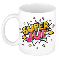 Super Juf Cadeau Koffiemok / Theebeker Wit Met Sterren - 300 Ml - Keramiek - Cadeau / Bedankje Juf