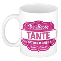 De Beste Tante Cadeau Koffiemok / Theebeker Wit Met Roze Embleem - 300 Ml - Keramiek - Cadeaumok / Verjaardagsbeker