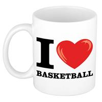 I Love Basketball Wit Met Rood Hartje Koffiemok / Beker 300 Ml - Keramiek - Cadeau Voor Sport / Basketball Liefhebber