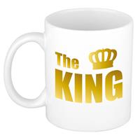 The King Cadeau Koffiemok / Theebeker Wit Met Gouden Kroon En Blokletters - 300 Ml - Keramiek - Koningsdag - Cadeaumok