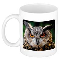 Bruine Oehoe Uil Koffiemok / Theebeker Wit 300 Ml - Keramiek - Uilen / Owls - Cadeau Beker / Vogelliefhebber Mok