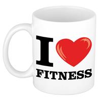 I Love Fitness Koffiemok / Beker Wit Met Rood Hartje 300 Ml - Keramiek - Cadeau Voor Sport / Fitness Liefhebber