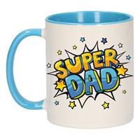 Super Dad Cadeau Koffiemok / Theebeker Wit En Blauw Met Sterren - 300 Ml - Keramiek - Vaderdag - Cadeau / Bedankje Dad