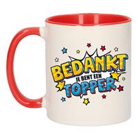 Bedankt Topper Cadeau Koffiemok / Theebeker Wit En Rood Met Sterren - 300 Ml - Keramiek - Cadeau Beker / Waardering Mok