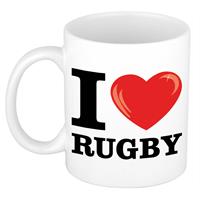 I Love Rugby Wit Met Rood Hartje Koffiemok / Beker 300 Ml - Keramiek - Cadeau Voor Sport / Rugby Liefhebber