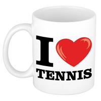 I Love Tennis Wit Met Rood Hartje Koffiemok / Beker 300 Ml - Keramiek - Cadeau Voor Sport / Tennis Liefhebber
