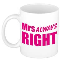 Mrs Always Right Cadeau Koffiemok / Theebeker Wit Met Roze Blokletters - 300 Ml - Keramiek - Fun Tekst Beker / Cadeaumok