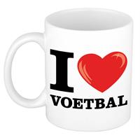 I Love Voetbal Wit Met Rood Hartje Koffiemok / Beker 300 Ml - Keramiek - Cadeau Voor Sport / Voetbal Liefhebber