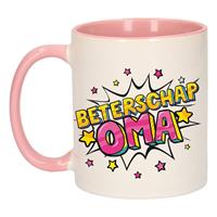 Beterschap Oma Cadeau Koffiemok / Theebeker Wit En Roze Met Sterren - 300 Ml - Keramiek - Cadeau Beker / Beterschap Mok