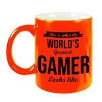 This Is What The Worlds Greatest Gamer Looks Like Cadeau Mok / Beker - 330 Ml - Neon Oranje - Gamer Cadeau