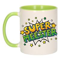 Super Meester Cadeau Koffiemok / Theebeker Wit En Groen Met Sterren - 300 Ml - Keramiek - Cadeau / Bedankje Meester