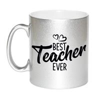 Best Teacher Ever Mok / Beker Zilver Met Hartjes - 330 Ml - Cadeau Juf / Meester / Leraar / Lerares