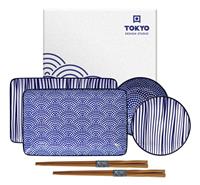 Tokyo Design Studio - Nippon Blue - Sushi-Teller-Set mit Stäbchen - 21x13,5cm & 9,5x3cm - 4 Stück - Linien/Punkte