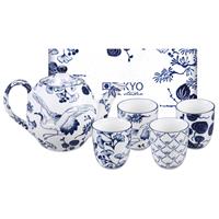 Tokyo Design Studio Blauw Witte Theeset - Flora Japonica Set van 5 stuks - 1200ml & 170ml