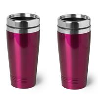 Bellatio 2x Stuks Isoleerbeker Rvs Metallic Fuchsia Roze 450 Ml - Thermosbeker