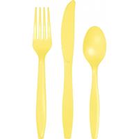 Geel plastic party bestek set 24-delig - messen/vorken/lepels - herbruikbaar - BBQ verjaardag feestje artikelen