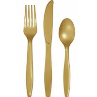 Plastic bestek goudkleurig 96-delig - BBQ/Feest/Verjaardag bestek messen/vorken/lepels - herbruikbaar
