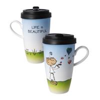 Goebel Coffee-to-go-beker Der kleine Yogi - "Life is beautiful" van porselein met een afneembare deksel, 500 ml