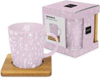 Ppd Kaffeebecher mit Holzuntersetzer Pure Flower, 350ml rosa/weiß