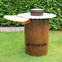 DEINWERK Grillfass-Set Grilltonne aus Corten mit Plancha, Grillrost, Wok-Aufsatz und Anstecktisch 