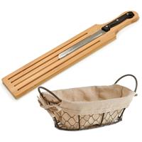 Arte r Bamboe houten broodplank/snijplank/serveerplank met broodmes 50 x 10 cm en broodmandje van 26 x 17 c -