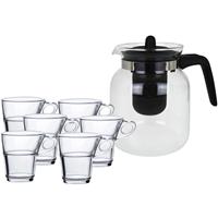 Glazen theepot met filter/infuser van 1,5 liter met 6x stuks theeglazen van 220 ml