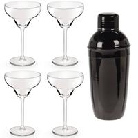 4x Cocktailglazen / Margarita Glazen Transparant 300 Ml + Cocktailshaker Zwart 500 Ml Rvs - Cocktailglazen