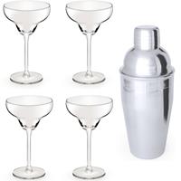 4x Cocktailglazen / Margarita Glazen Transparant 300 Ml + Cocktailshaker Semi-matte 550 Ml Rvs - Cocktailglazen