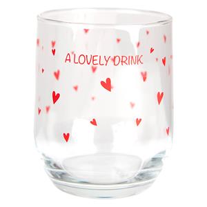 Clayre & Eef Waterglas Ø 8*9 Cm / 300 Ml Transparant Rood Glas Rond Hartjes A Lovely Drink Drinkbeker Drinkglas