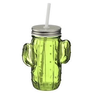 Benza Glazen Cactus Drinkglas Met Deksel En Rietje 350ml Lichtgroen - 2 Stuks
