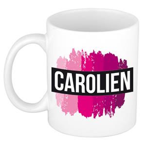 Bellatio Carolien naam cadeau mok / beker met roze verfstrepen - Cadeau collega/ moederdag/ verjaardag of als persoonlijke mok werknemers