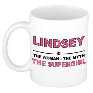 Bellatio Naam cadeau Lindsey - The woman, The myth the supergirl koffie mok / beker 300 ml - naam/namen mokken - Cadeau voor o.a verjaardag/ moederdag/ pensioen/ geslaagd/ bedankt