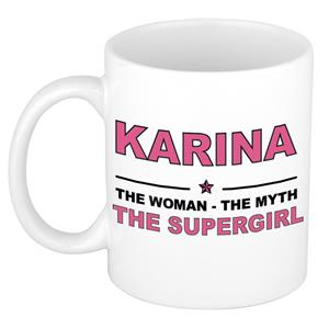 Bellatio Naam cadeau Karina - The woman, The myth the supergirl koffie mok / beker 300 ml - naam/namen mokken - Cadeau voor o.a verjaardag/ moederdag/ pensioen/ geslaagd/ bedankt