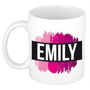 Bellatio Emily naam cadeau mok / beker met roze verfstrepen - Cadeau collega/ moederdag/ verjaardag of als persoonlijke mok werknemers