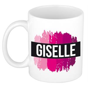 Bellatio Giselle naam cadeau mok / beker met roze verfstrepen - Cadeau collega/ moederdag/ verjaardag of als persoonlijke mok werknemers