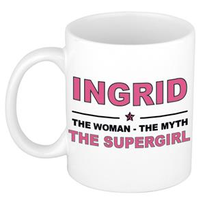 Bellatio Naam cadeau Ingrid - The woman, The myth the supergirl koffie mok / beker 300 ml - naam/namen mokken - Cadeau voor o.a verjaardag/ moederdag/ pensioen/ geslaagd/ bedankt