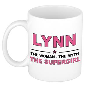 Bellatio Naam cadeau Lynn - The woman, The myth the supergirl koffie mok / beker 300 ml - naam/namen mokken - Cadeau voor o.a verjaardag/ moederdag/ pensioen/ geslaagd/ bedankt