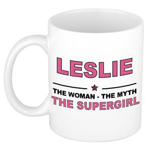 Bellatio Naam cadeau Leslie - The woman, The myth the supergirl koffie mok / beker 300 ml - naam/namen mokken - Cadeau voor o.a verjaardag/ moederdag/ pensioen/ geslaagd/ bedankt