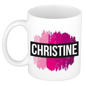 Bellatio Christine naam cadeau mok / beker met roze verfstrepen - Cadeau collega/ moederdag/ verjaardag of als persoonlijke mok werknemers