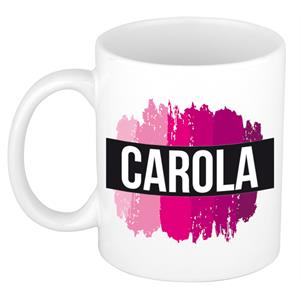 Bellatio Carola naam cadeau mok / beker met roze verfstrepen - Cadeau collega/ moederdag/ verjaardag of als persoonlijke mok werknemers