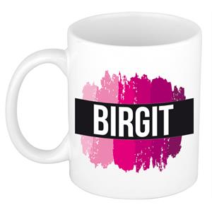 Bellatio Birgit naam cadeau mok / beker met roze verfstrepen - Cadeau collega/ moederdag/ verjaardag of als persoonlijke mok werknemers