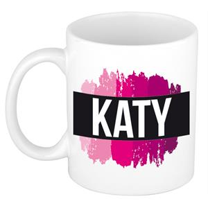 Bellatio Katy naam cadeau mok / beker met roze verfstrepen - Cadeau collega/ moederdag/ verjaardag of als persoonlijke mok werknemers