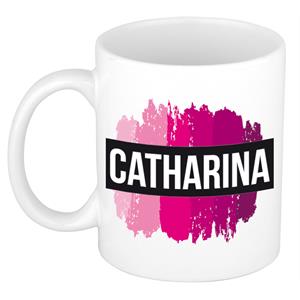 Bellatio Catharina naam cadeau mok / beker met roze verfstrepen - Cadeau collega/ moederdag/ verjaardag of als persoonlijke mok werknemers