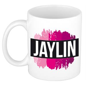 Bellatio Jaylin naam cadeau mok / beker met roze verfstrepen - Cadeau collega/ moederdag/ verjaardag of als persoonlijke mok werknemers