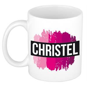 Bellatio Christel naam cadeau mok / beker met roze verfstrepen - Cadeau collega/ moederdag/ verjaardag of als persoonlijke mok werknemers